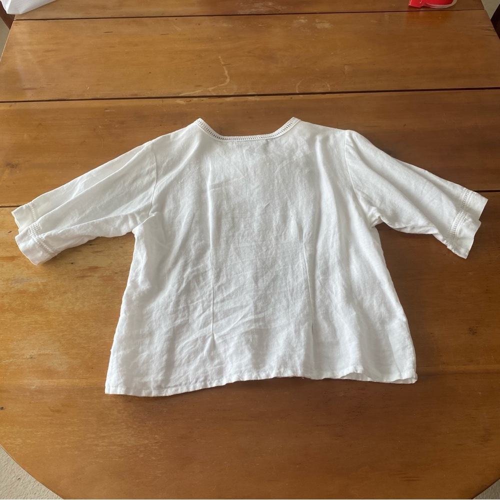 100% Linen Vintage White Short Sleeve Top Eyelet Trim Cottagecore Coastal Small - Picture 10 of 13
